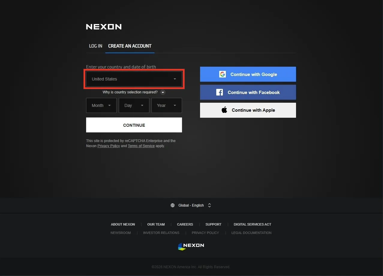 Selecting a country and date of birth for a Nexon account