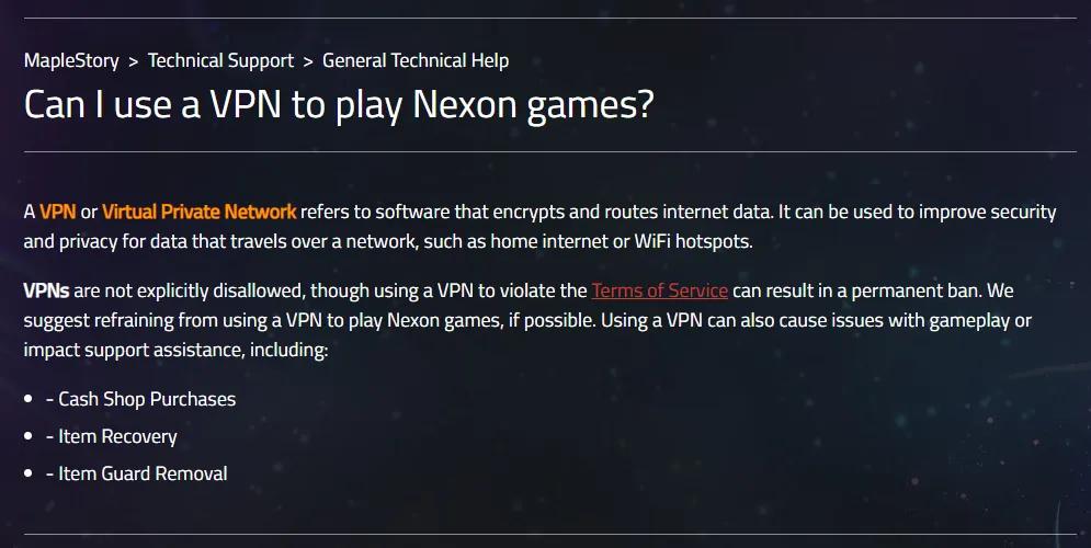 Nexon’s official VPN support article [2]